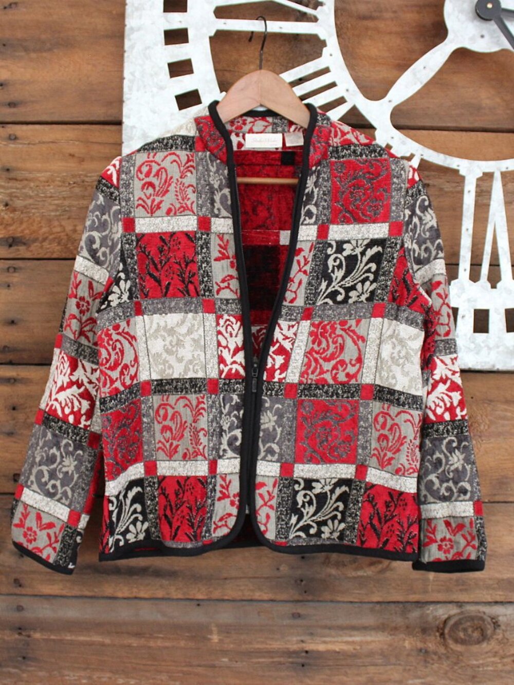 Vintage  Studio Works Tapestry Patchwork Zip Jacket Red Black White Size MP